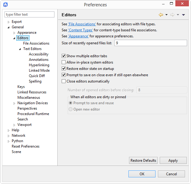 Editors preferences menu