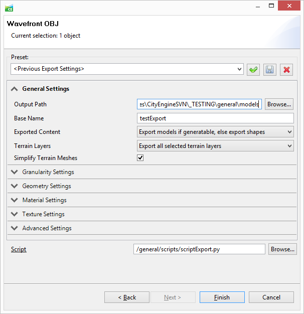 OBJ export dialog with script set in Misc options