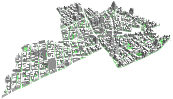 City with mixed LU shapes, tower shapes, and setback parcels