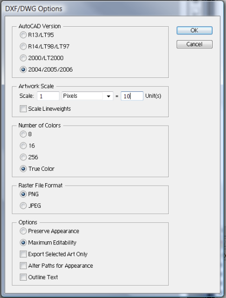 DXF/DWG Options dialog box in Illustrator