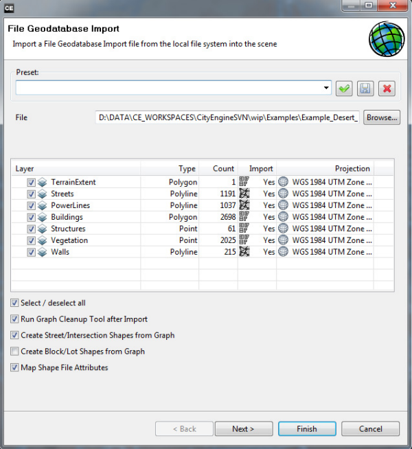 CityEngine File Geodatabase Import dialog box