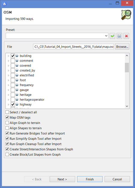 OSM import dialog box