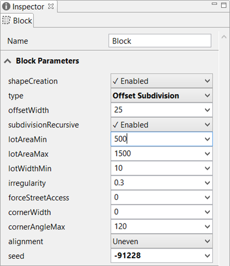 Inspector Block dialog box with parameters