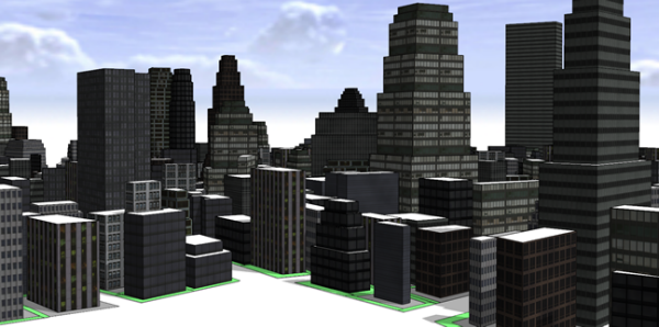 View of the generated buildings showing textured facades