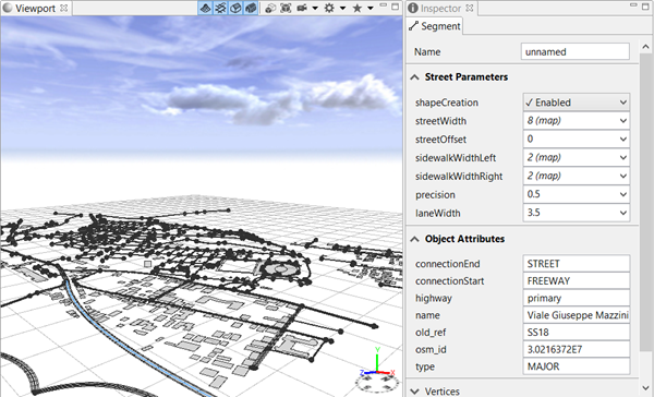 Inspector viewport displays street parameters and object attributes