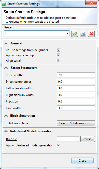 Street Creation Settings dialog box