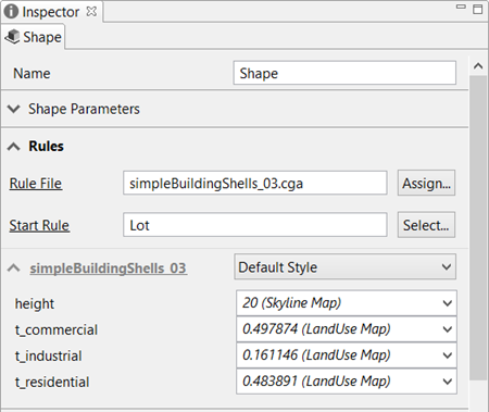 Inspector window showing land-use parameters