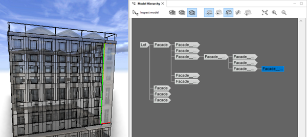 Model hierarchy view with part facade selected