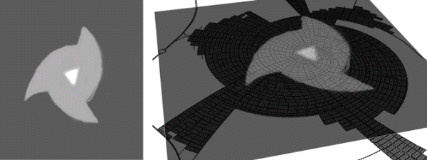 Landuse map layer, left; grayscale map image, right; map layer in 3D viewport
