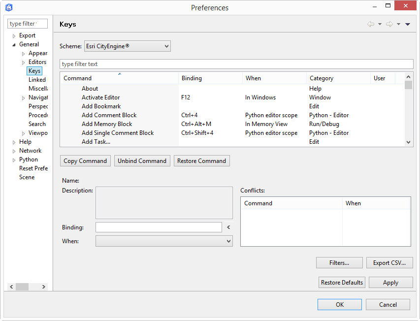 Keys preferences page