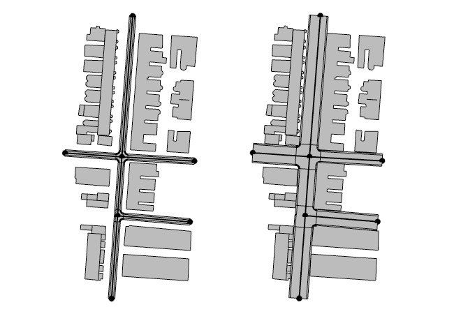 Original streets do not line up with the footprint shapes (right). Widths and offsets are adjusted to touch the footprints (left).