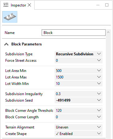 Inspector Block dialog box with parameters