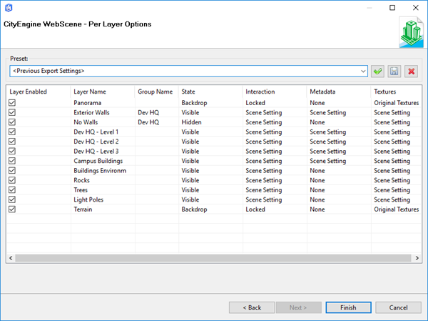 CityEngine WebScene per layer export options