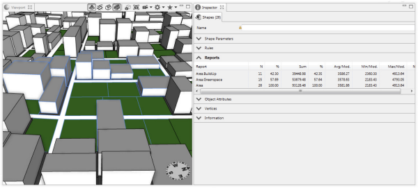 BuildUp and Greenspace area reports displayed in the Inspector window