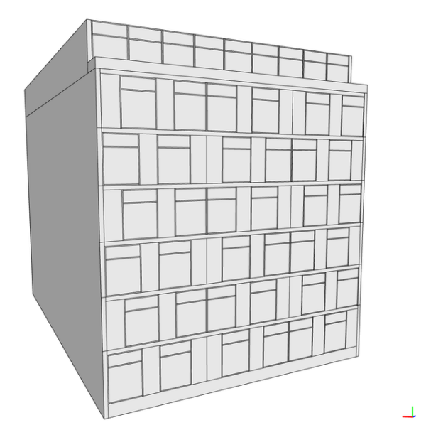 Building split into window frames and vertical center parts forming frame, window, blind, and bracing