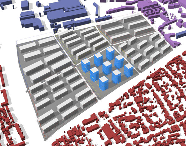 3 by 3 grid of square buildings