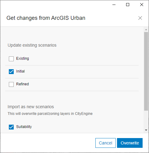 Get changes from ArcGIS Urban dialog box