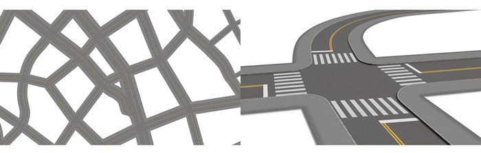 Textured streets with lanes (left) and textured streets with lanes, stop markings, and crosswalks (right)