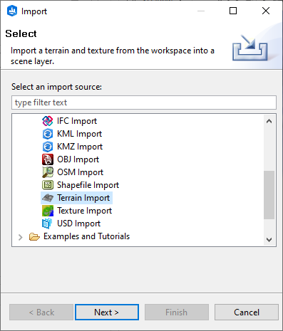Terrain import dialog box