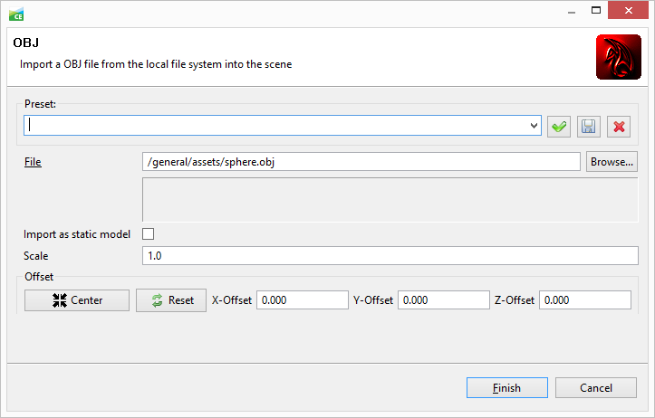 The obj import dialog displayed with interactive enabled