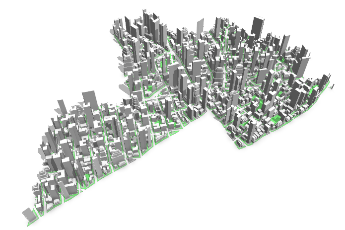 City with mixed LU shapes, tower shapes, and setback parcels