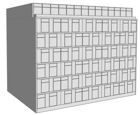 Building split into window frames and vertical center parts forming frame, window, blind, and bracing