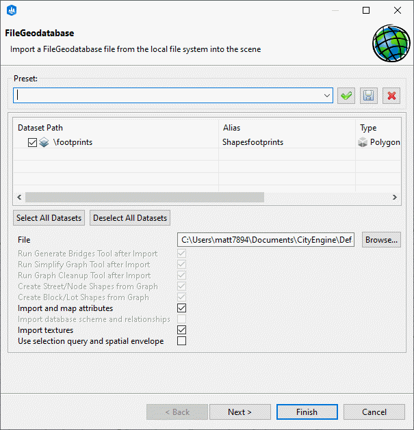 FileGeodatabase dialog box