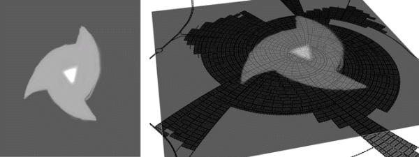 Landuse Map layer, left; grayscale map image, right; map layer in 3D viewport