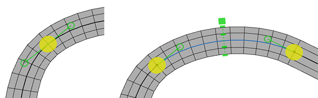 Left: Curve handle. Right: Curve and street width handle