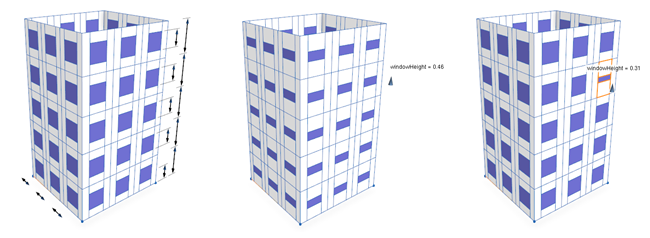 Left: initial building, middle global edits, right: local edits