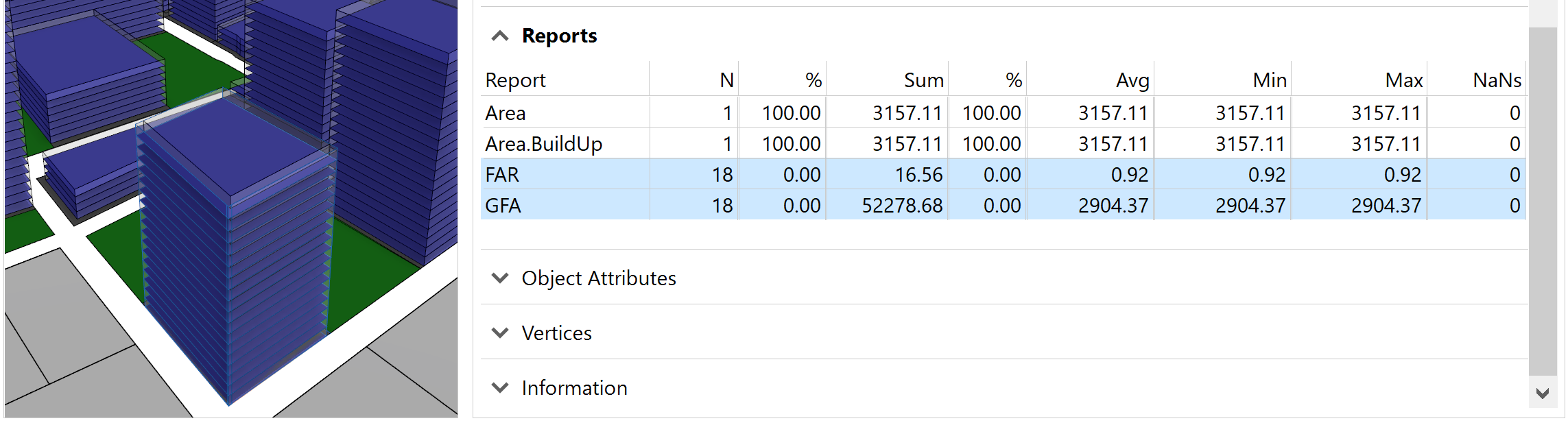 FAR and GFA for a single selected building shown in the Reports pane