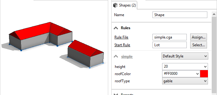Selected shapes assigned with rule that has height, roofColor, and roofType attributes Selected shapes assigned with rule that has height, roofColor, and roofType attributes