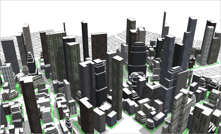 View of the generated buildings showing textured facades View of the generated buildings showing textured facades
