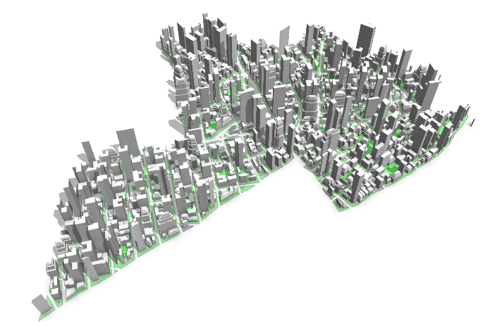 City with mixed LU shapes, tower shapes, and setback parcels City with mixed LU shapes, tower shapes, and setback parcels