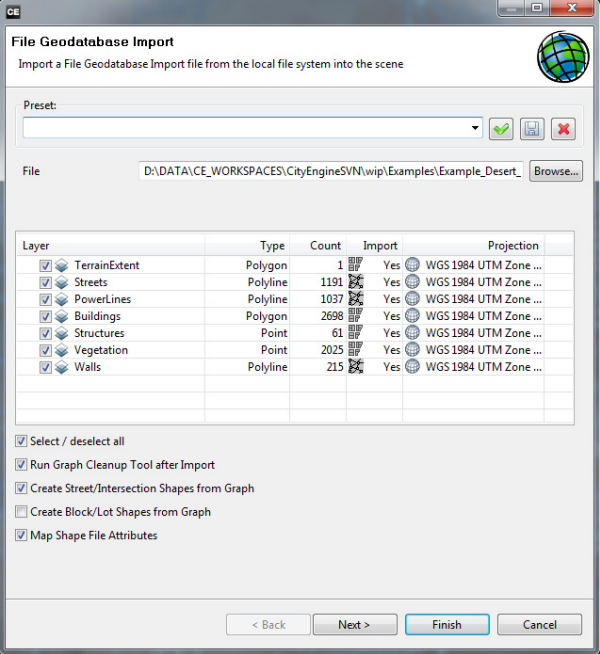 CityEngine File Geodatabase Import dialog box CityEngine File Geodatabase Import dialog box