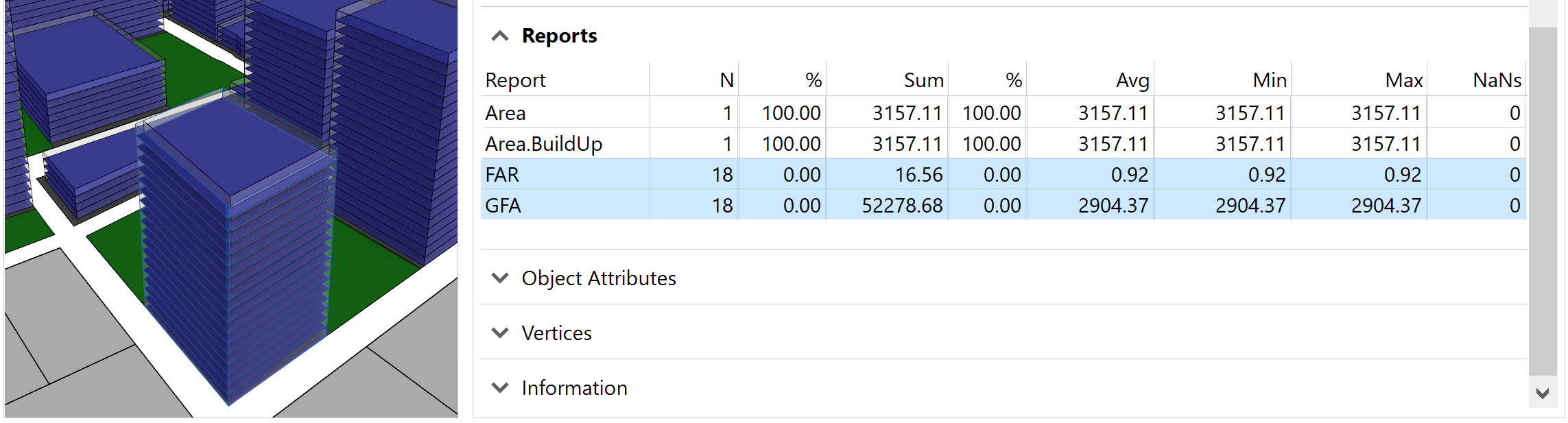 FAR and GFA for a single selected building shown in the Reports pane FAR and GFA for a single selected building shown in the Reports pane