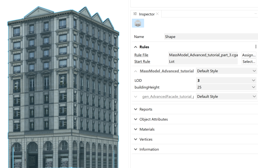 Final facade in the Inspector window