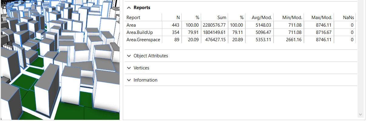 BuildUp and Greenspace area reports displayed in the Inspector window BuildUp and Greenspace area reports displayed in the Inspector window