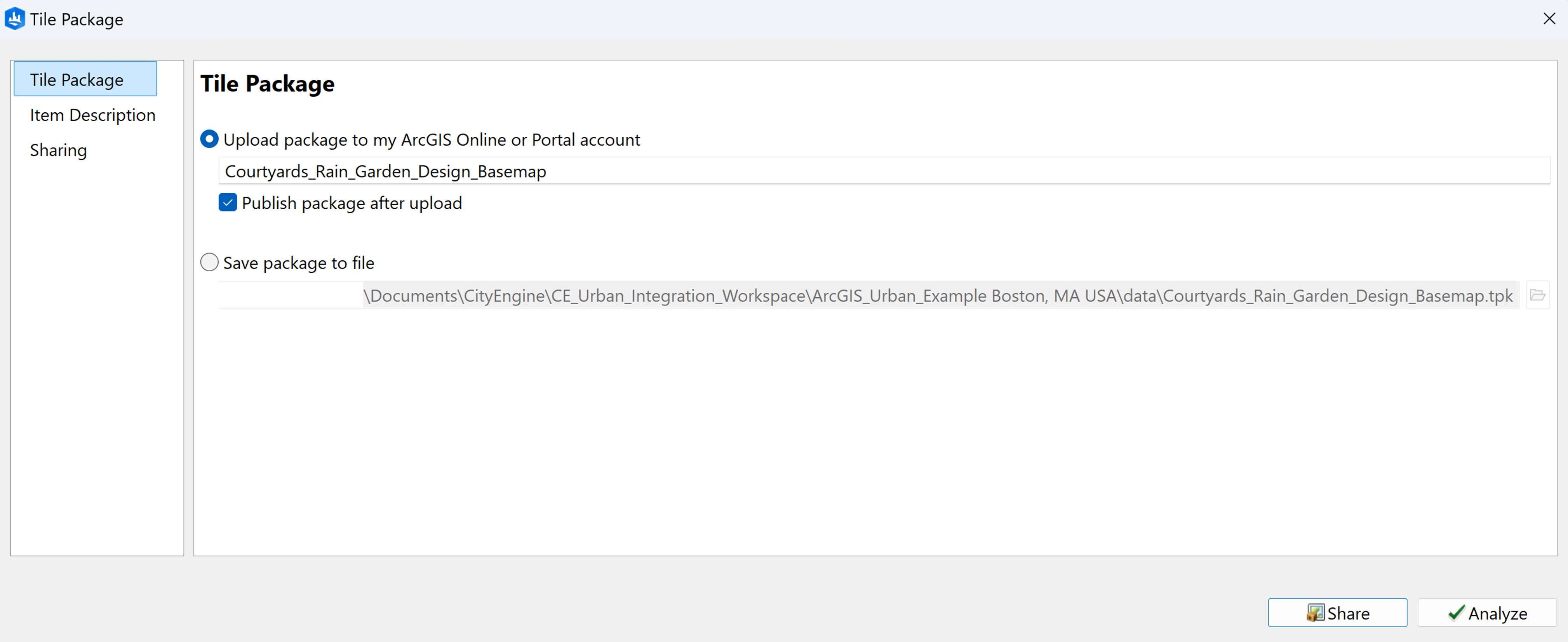 Share Tile Package dialog box Share Tile Package dialog box