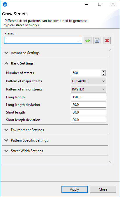Grow Streets Basic Settings dialog box Grow Streets Basic Settings dialog box