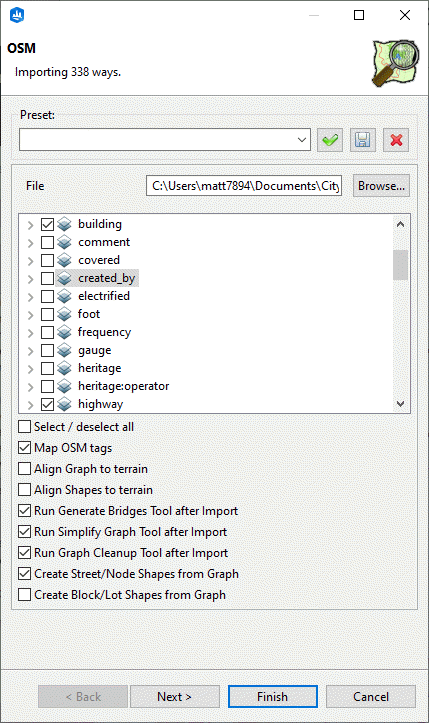 OSM import dialog box OSM import dialog box