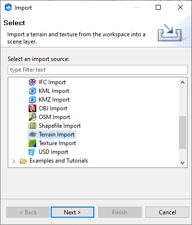 Terrain import dialog box Terrain import dialog box