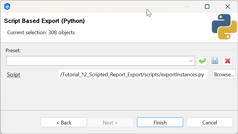 Script Based Export dialog box with the export script set Script Based Export dialog box with the export script set