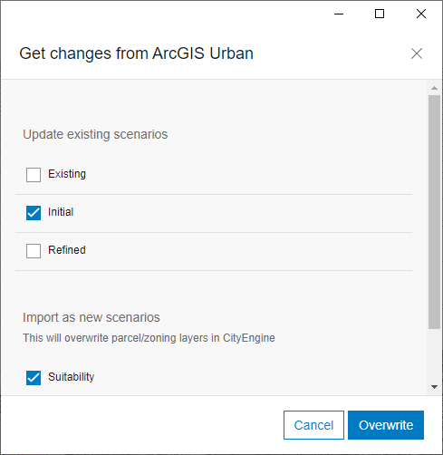 Get changes from ArcGIS Urban dialog box Get changes from ArcGIS Urban dialog box