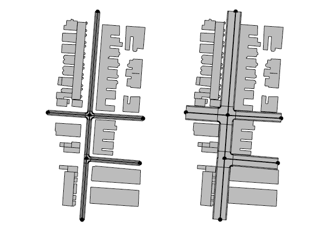 Original streets do not line up with the footprint shapes (left). Widths and offsets are adjusted to touch the footprints (right). Original streets do not line up with the footprint shapes (left). Widths and offsets are adjusted to touch the footprints (right).