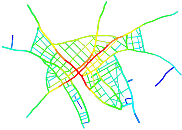 The global integration of a typical street network The global integration of a typical street network