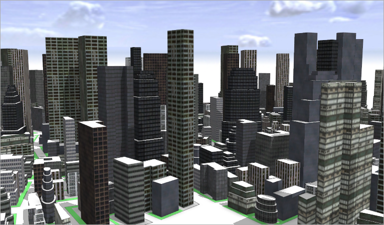 View of the generated buildings showing textured facades from the side View of the generated buildings showing textured facades from the side