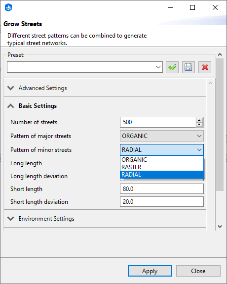 Pattern of minor streets set to Radial Pattern of minor streets set to Radial