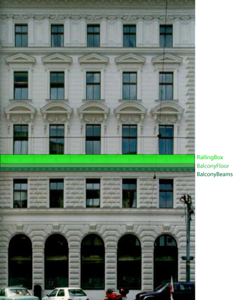 Showing facade balcony beams, floor, and railing box Showing facade balcony beams, floor, and railing box