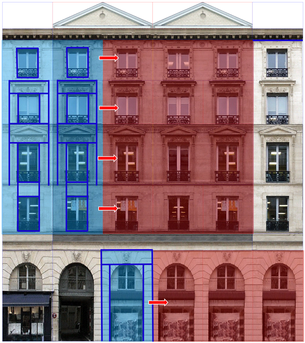 Unique blue component areas repeated in the red areas Unique blue component areas repeated in the red areas